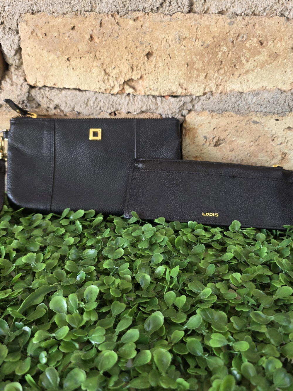 Lodis Black Leather Wristlet Pouch & Matching Zip Slim Card Holder Wallet